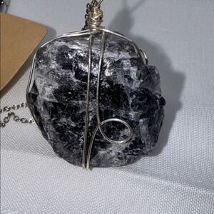 Fluorite wire wrap, pendant necklace Owen Silvertone chain black grey white